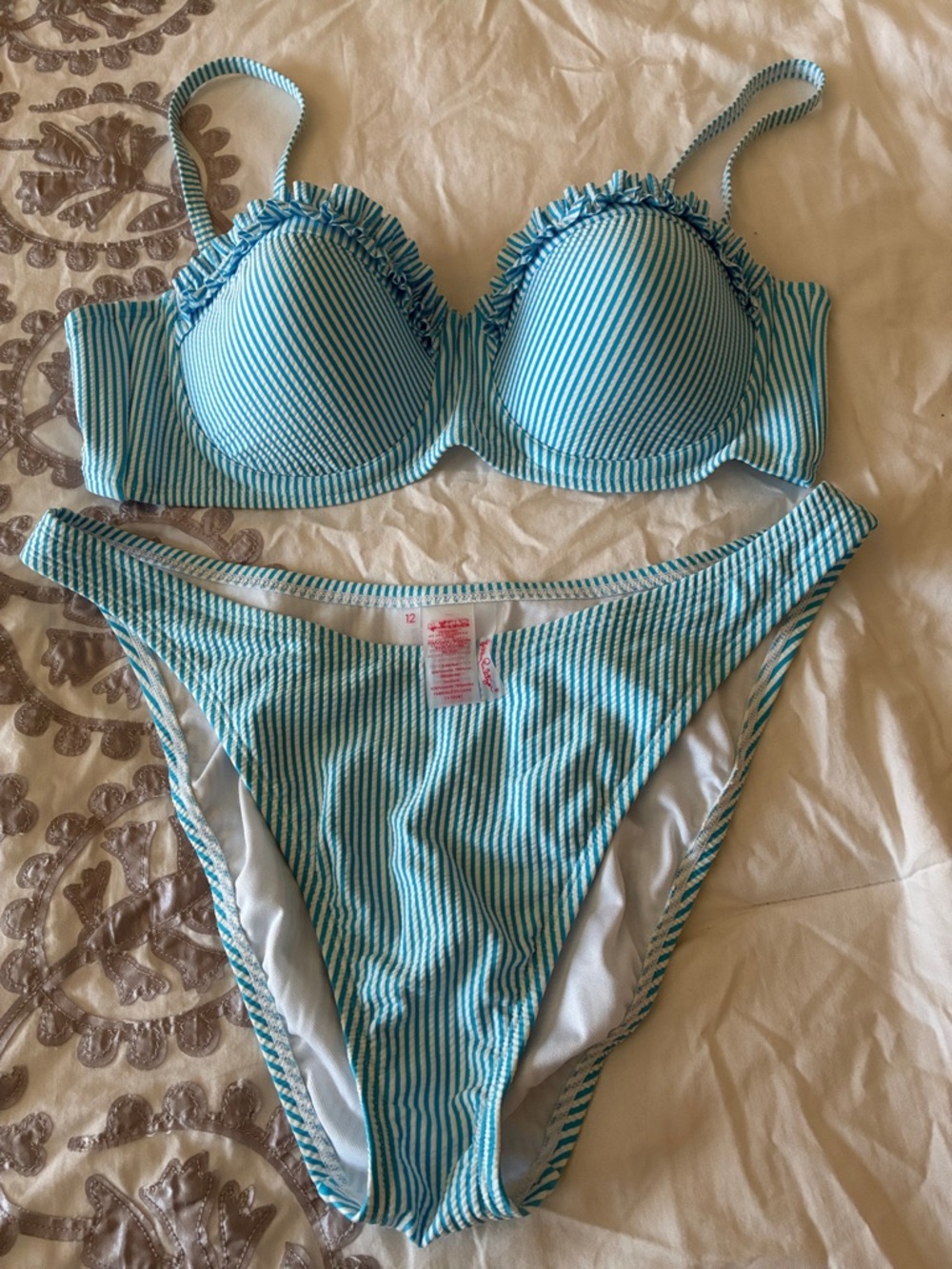 Lilly Pulitzer Aqua and White Striped Ruffle Bikini Set